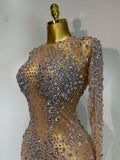 Luxury Rhinestones Mesh Bodycon Long Dress Celebrate Birthday Party Photo Shoot Long Sleeve Performance Costume Stage Outfit