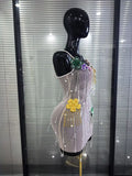 Women Sexy Strap Mesh See Through Shining Diamond Chain Bodycon Mini Dress Nightclub Party Celebrate Cocktail Wear