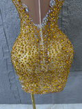 2026 New Sexy Fashion Gold Sparkly Dance Show Stage Costume Women Birthday Party Rhinestones Tassels Transparent Short Dress