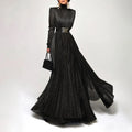Solid Spliced Belt Slim Pleated Dresses For Women Turtleneck Long Sleeve High Waist Temperament Long Dress Female Clothes