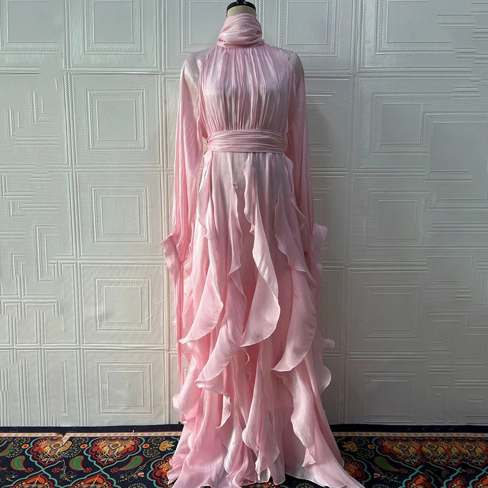 Solid Spliced Ruffles Folds Long Elegant Dresses for Women Lace Up Stand Neck Long Sleevs Tunic Temperament Dress Female