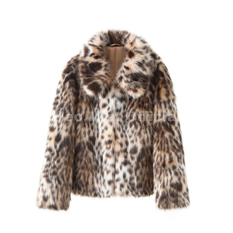 Vintage Stylish Loepard Faux Fur Coat Women Winter Chic Iconic Ins Blogger Brand Fashion Fox Fur Jacket Streetwear
