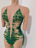 Luxurious Green Rhinestone Sheer Bodysuit Tassel Tail Ideal for Clubbing Festivals and Special Occasions Stage Performance