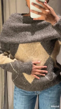 Women's Brown Beige Plaid Knitted Sweater Fashion Off Shoulder Patchwork Loose Blouse Lady Autumn Winter Casual Outerwear