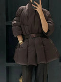 Solid Casual Basics Down Jacket for Women V Neck Long Sleeve Tunic Patchwork Sashes Slimming Elegant Coat Female