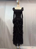 Wedding Guest Pink Square Collar Lace Maxi Dress for Women Corset Bodice Long Sleeve Tiered Ruffle Skirt for Luxury Dinner