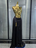 Opulent Arrival Gold Color Sexy Laced-up Tops 2 Pieces Set Long Dress Women Celebrate Evening Party Celebrity Elegant Dress