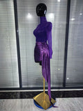 Purple Color Women Long Sleeve Shining Rhinestones Mesh See Through Bodycon Mini Dress Draped Celebrate Nightclub Party Outfit