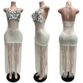 Sexy Cutout Crochet Beach Dress 2026 Summer Women One Shoulder Backless Knitted Sequined Fringe Tassel Midi Dress Clubwear