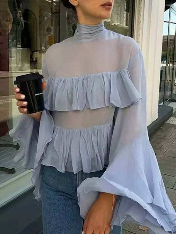 Solid Spliced Ruffles Slimming Blouses for Women O Neck Long Sleeve High Waist Shirts Female Fashion