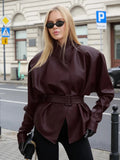 American Retro Burgundy Leather Jacket for Women Stand Collar Long Sleeves Slimming Design Coat Female Winter New