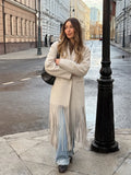 Beige Woolen Lapel Collar Fringe Hem Oversized Long Coats Chic Long Sleeve Warm Jackets Winter Daily Street Lady Outerwear 2026