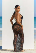 Women's Swimsuit Coverup Crochet Bikini Cover Ups Hollow Out Net Halter Sleeveless Swimwear for Beach 3 Pieces Long Dress