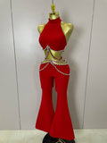 Luxury Rhinestone Red Sexy Cut Out Two Piece Pants Bandage Set 2026 Women Celebrity Designer Fashion Women's Set Stage Outfit