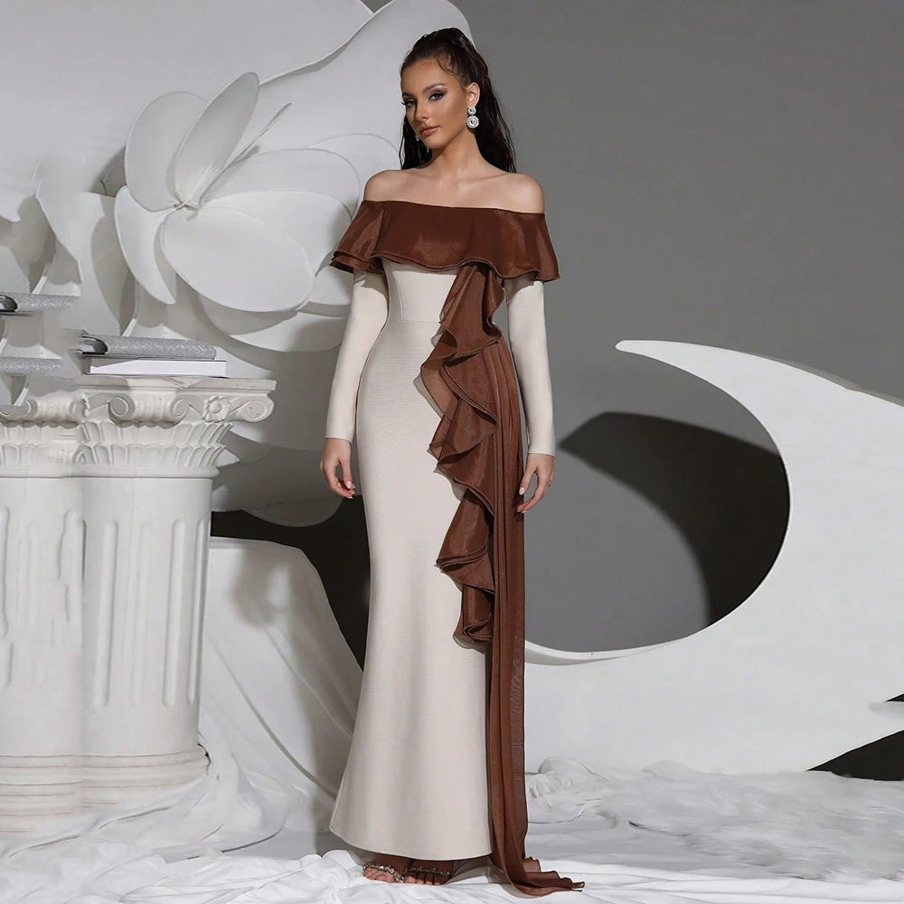 Sexy off shoulder ruffle tight bandage long dress women's Slash collar long sleeved elegant dress wedding dinner Gowns
