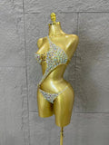 Gold Luxurious Black Bodysuit Women Sexy Halter Neck Iridescent Crystal Embellished Cutout Outfit Stage Performance Costume