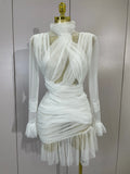 Elegant White High Collar Long Sleeve Solid Mesh Sexy See Through Ruffle Mini Dress Women Evening Club Party Birthday Dresses
