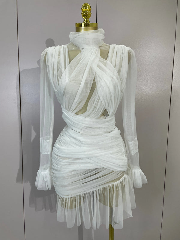 Elegant White High Collar Long Sleeve Solid Mesh Sexy See Through Ruffle Mini Dress Women Evening Club Party Birthday Dresses