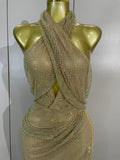 Luxury Shining Diamond Gold Mesh Backless Maxi Long Dress Women Elegant Photoshoot Evening Party Birthday Photoshoot Stage Wear