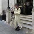 Beige Woolen Lapel Collar Fringe Hem Oversized Long Coats Chic Long Sleeve Warm Jackets Winter Daily Street Lady Outerwear 2026
