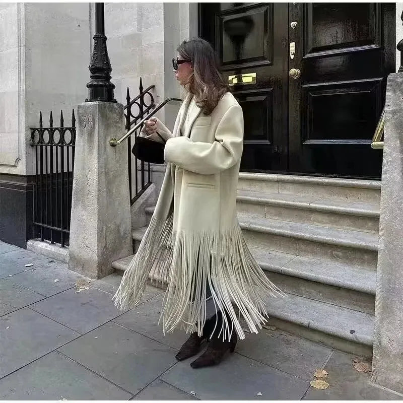 Beige Woolen Lapel Collar Fringe Hem Oversized Long Coats Chic Long Sleeve Warm Jackets Winter Daily Street Lady Outerwear 2026