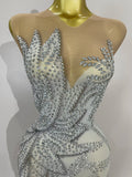 Women Luxury Rhinestone Sleeveless Silver Long Dress Sexy Mesh See Through Evening Prom Birthday Photo Shoot Singer Stage Outfit