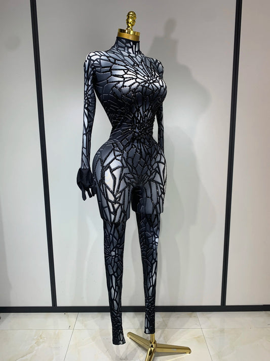 Women Sexy Black Rhinestone Stretch Bodycon Jumpsuit Club Evening Party Birthday Wear Singer Dancer Stage Perform Costume