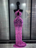 Pink Color Women Sexy Halter Backless Mesh See Through Bodycon Floor-length Mermaid Dress Birthday Party Cocktail Outfit