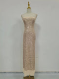 Solid Slimming Fashion Dresses for Women Strapless Sleeveless Patchwork Sequins Midi Split Dress Female Clothing