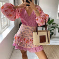 Hit Color Slimming Dresses for Women V Neck Long Sleeve High Waist Temperament Mini Dress Female Fashion