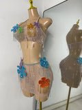 Women Glitter Crop Top Floral Mesh See Through Sets Nightclub Performance Outfit Two Pieces Party Birthday Clothing