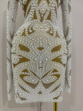 New High-end Elegant Evening Gown AB Rhinestones Pearls Luxury Long Sleeves Mesh Dress Women Cocktail Party Wedding Costume