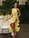 Elegant Women's Halter Ruffles Midi Dress Pleated Irregular Slit Dresses Evening Wedding Guest Pink Yellow Blue Party Prom 2026