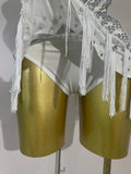 Sparkly Silver Rhinestones Tassels White Bodysuit Dress Women Sexy Eveing Party Dancer Nightclub Stage Team Performance Costume