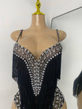 Women Sexy Sparkly Rhinestone Tassels Mesh See Through Sleeveless Bodysuit Nightclub Performance Dance Costume Singer Stage Wear