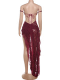 Elegant Backless Dress Women Mesh Patchwork Slash Neck Lace-Up Irregular Tierred Midnight Banquet Party Long Bodycon