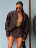 Collar Zip Cropped Women 2pcs Suede Matching Set Oversized Long Sleeve Jacket Belt Detail Mini Skirt Two Piece Sets Daily Jacket
