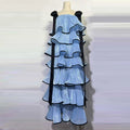 Hit Color Ruffles Cake Maxi Dress for Women Square Collar Off The Shoulder Spliced Bow Evening Temperament Dresses Female