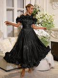2026 Solid Elegant Spliced Ruffles Dresses For Women Off Shoulder Sling High Waist Long Dress Female Clothing Fashion