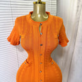 Women Single Breasted O-neck Short Sleeve Knit Ribbed Bodycon Midi Dress  Vacation Sexy Party Club Vestidos Dresses