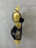 Women Sexy Sparkly White Braided Halter Mini Dress Gold Bead Trim Cutout Sides Ideal Beach Parties Vacations Special Occasions