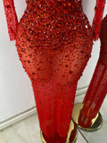 Sparkly Rhinestone Women Sexy Mesh See Through Floor Length Long Sleeve Birthday Dress Party Nightclub Stage Wear