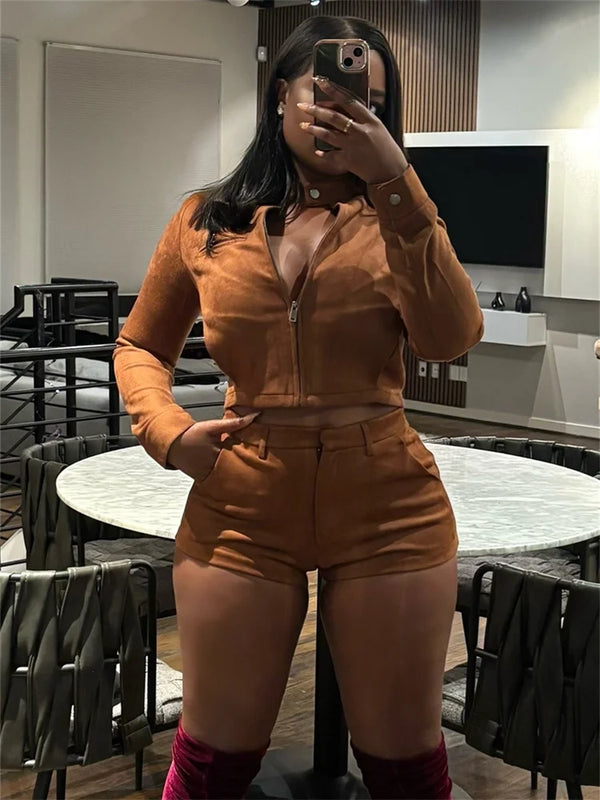 Hipster 2-Piece Set Women Flocking Button Zip Full Sleeve Jacket+Pocket Shorts Matching Hottie Punk Club Streetwear