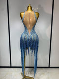 Sparkly Blue Rhinestone Tassel Mesh See Through Dress Pole Dancer Singer Outfit Women Sexy Evening Party Club Stage Costume