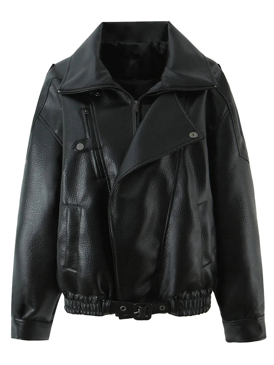 French Retro Pu Leather Jacket for Women Stand Collar Long Sleeve Patchwork Button Temperament Loose Coat Female