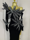 Shiny Diamond Velvet Sexy Side Slit Floor Length Dress With Gloves Women Chic Birthday Banquet Show Host Nightclub Stage Wear