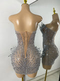Sparkly Rhinestones Women Sexy Mesh See Through Short Sleeveless Party Nightclub Performance Costume Stage Wear