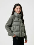 Women Cropped Puffer Jacket Stand Collar Cable Knit Sleeves Patchwork Zip Up Lightweight 2026 Lady Quilted Winter Warm Outerwear