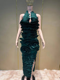 Elegant 3D Flower Applique Halter Maxi Dress Sexy Off Shoulder Backless Ruffled Bodycon Bandage Celebrity Evening Party Gowns