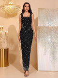 Women'S Luxury Pearl Bead Tight Bandage Long Dress Sexy Square Neck Sleeveless Elegant Evening Wedding Banquet Party Gown